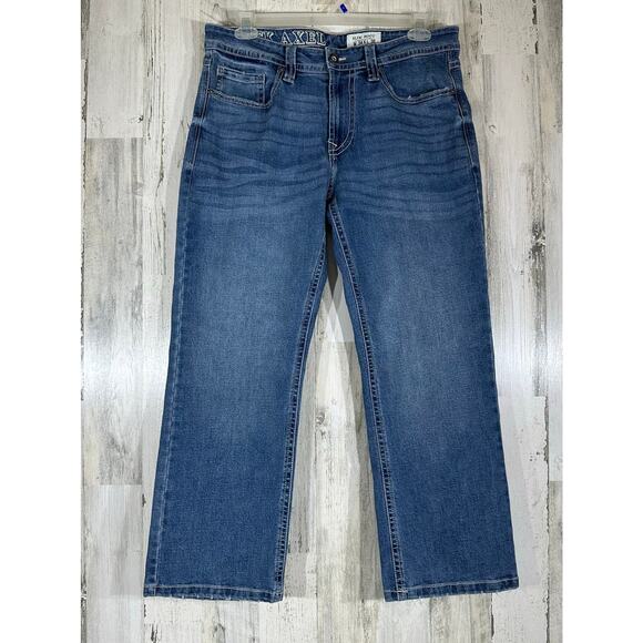 TK Axel Jeans Size 36x28.5 Slim Bootcut Medium Wash Light Distressing - Picture 1 of 10